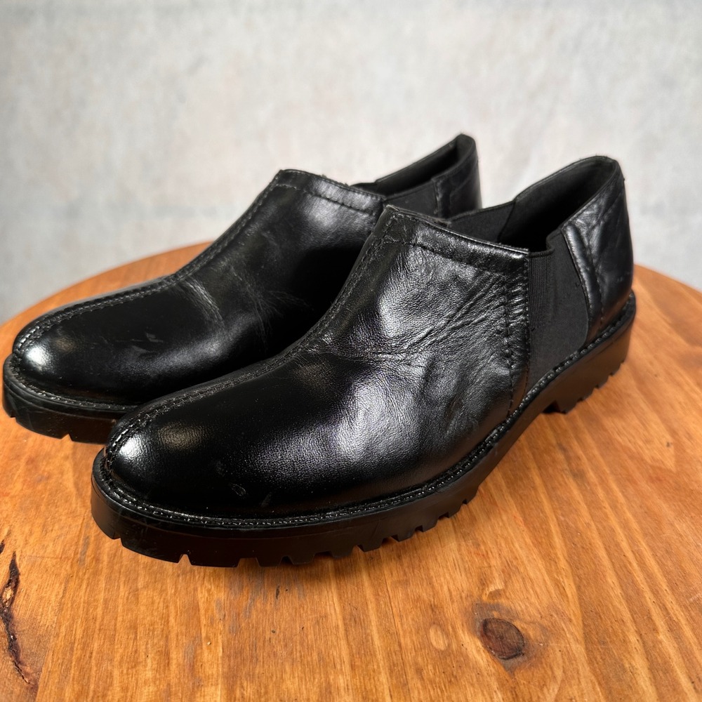 Suave Pies Slip On Shoes Women 8.5 Black Good Leather Lug Sole Loafers
